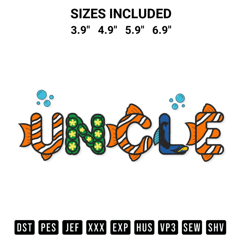 Elevate your next project with our Finding Nemo Uncle Disney Embroidery Design embroidery file. Shop high-quality digital patterns instantly at Designspacks.com. Available sizes: 3.9", 4.9", 5.9", 6.9".