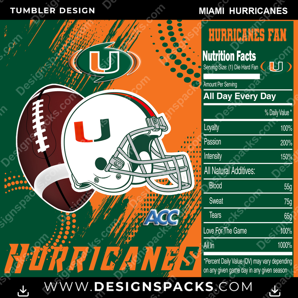 College Sport Team Fan CFB Miami Hurricanes NCAA College Sport Tumbler Digital Wrap Design Download