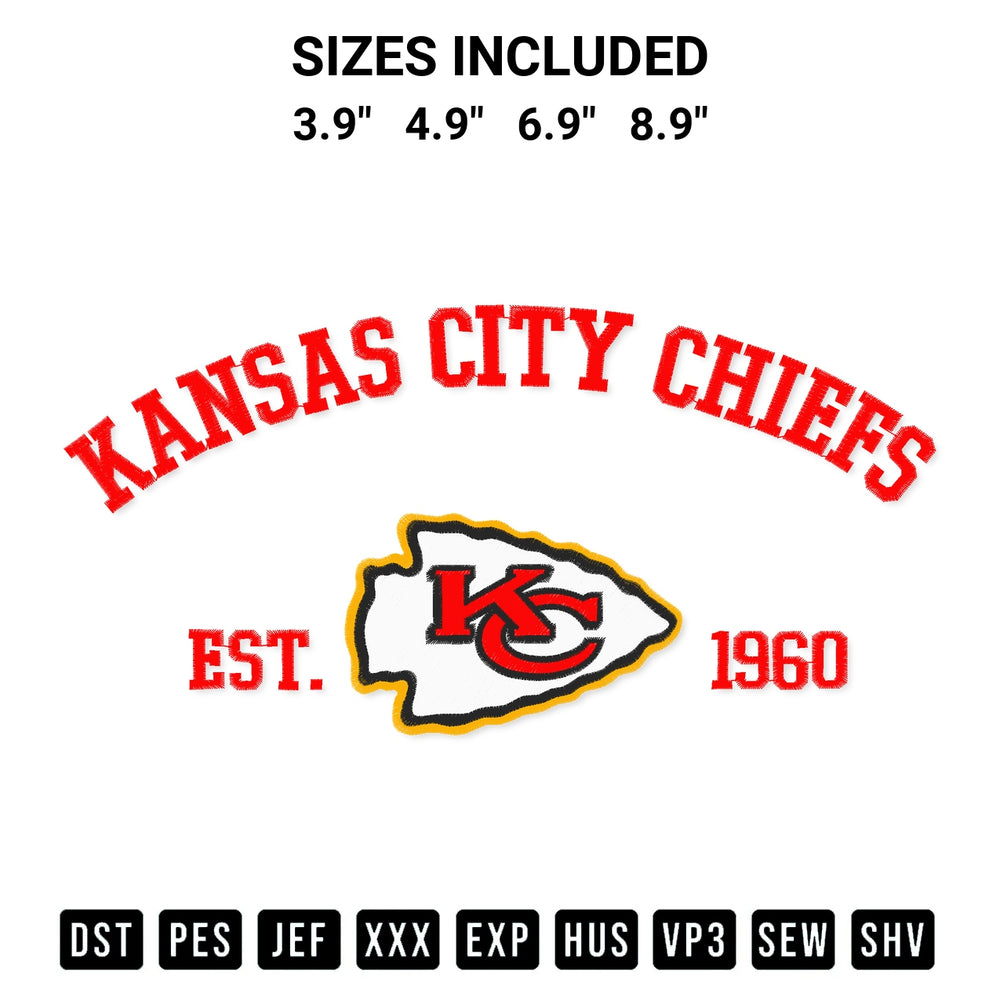 Get the Nfl Kansas City Chiefs Est 1960 Embroidery Design embroidery design for your custom crafts! Premium digitized files available for instant download at Designspacks.com. Available sizes: 3.9", 4.9", 6.9", 8.9".
