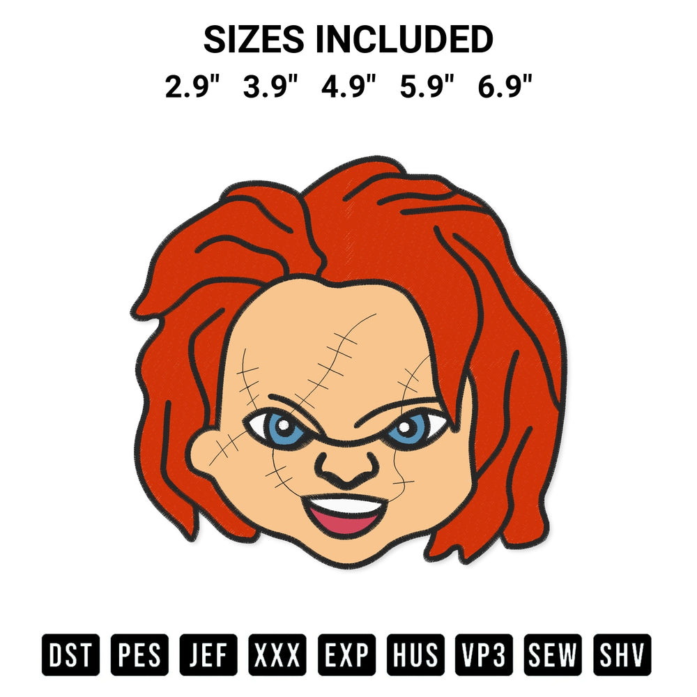 Shop the Chucky Face Embroidery Design machine embroidery pattern at Designspacks.com. Beautifully digitized for flawless stitching on any fabric. Available sizes: 2.9", 3.9", 4.9", 5.9", 6.9".