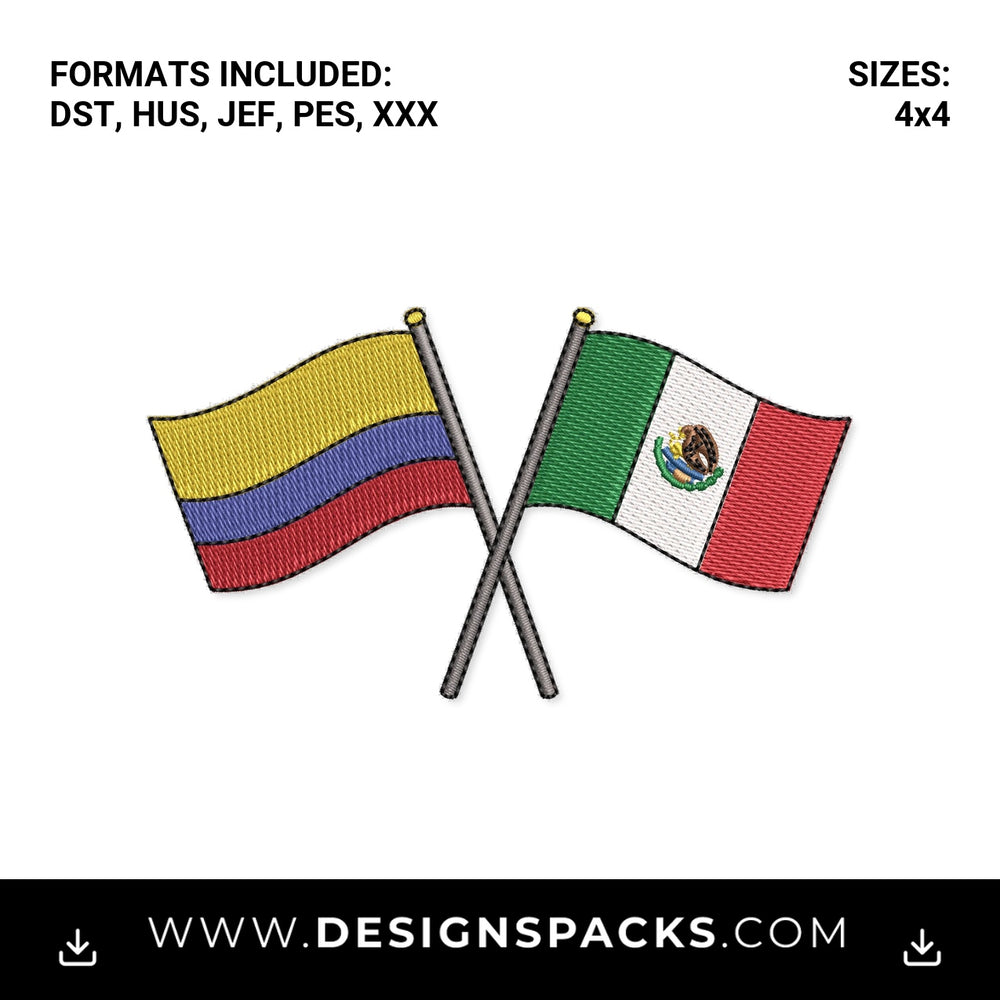 Crossed Colombia and Mexico Flags Embroidery Design - Instant digital download pattern at Designspacks.com