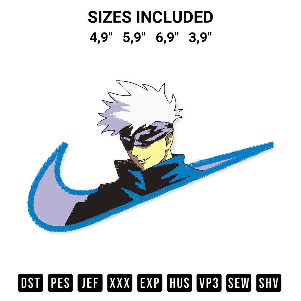 Looking for the perfect pattern? Download the Satoru Gojo Jujutsu Kaisen Nike Logo Embroidery Design embroidery design today at Designspacks.com. Crisp, clean stitching guaranteed. Available sizes: 4,9", 5,9", 6,9", 3,9".
