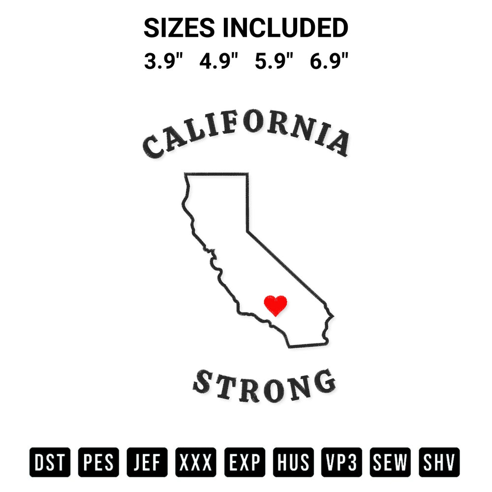 Discover the perfect addition to your crafting collection: California Strong Embroidery Design embroidery file. Instantly available at Designspacks.com. Available sizes: 3.9", 4.9", 5.9", 6.9".