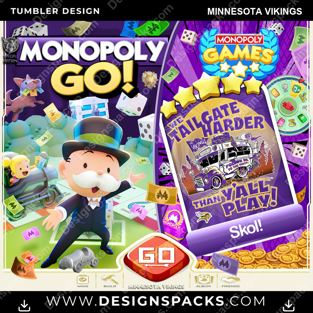 Football Monopoly Go! Minnesota Vikings NFL Football Tumbler Digital Wrap Design Download
