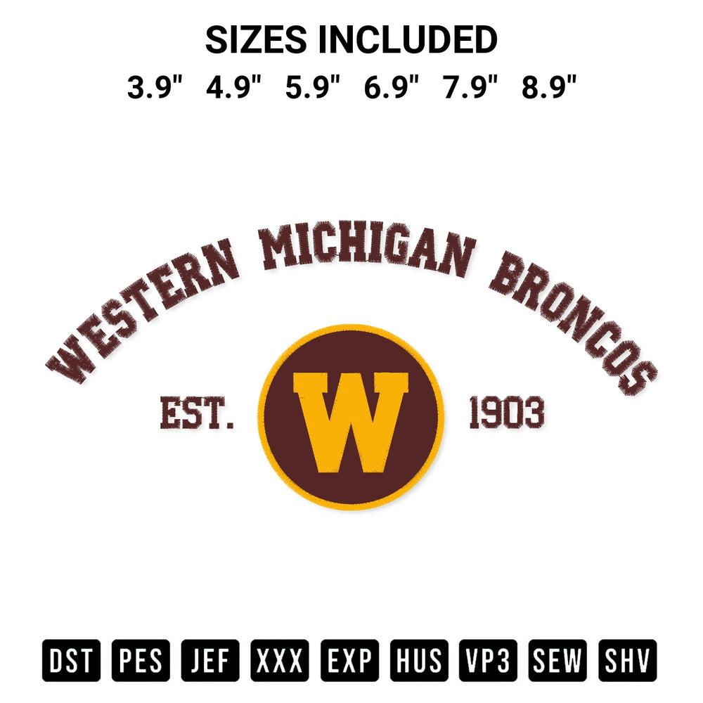 Shop the Western Michigan Broncos Est 1903 Embroidery Design machine embroidery pattern at Designspacks.com. Beautifully digitized for flawless stitching on any fabric. Available sizes: 3.9", 4.9", 5.9", 6.9", 7.9", 8.9".