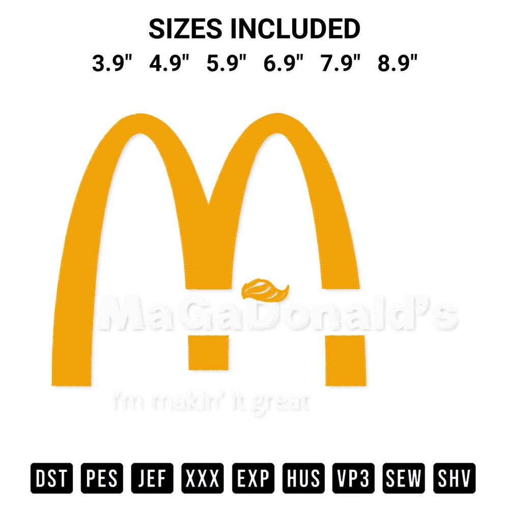 Add a unique touch to your apparel with the Magadonalds Im Lovin It Embroidery Design embroidery file. Premium instant download available now on Designspacks.com. Available sizes: 3.9", 4.9", 5.9", 6.9", 7.9", 8.9".