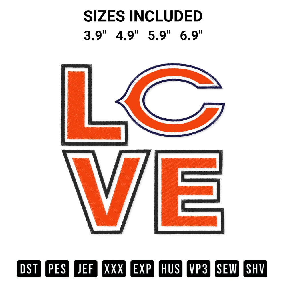 Add a unique touch to your apparel with the Love Chicago Bears Embroidery Design embroidery file. Premium instant download available now on Designspacks.com. Available sizes: 3.9", 4.9", 5.9", 6.9".