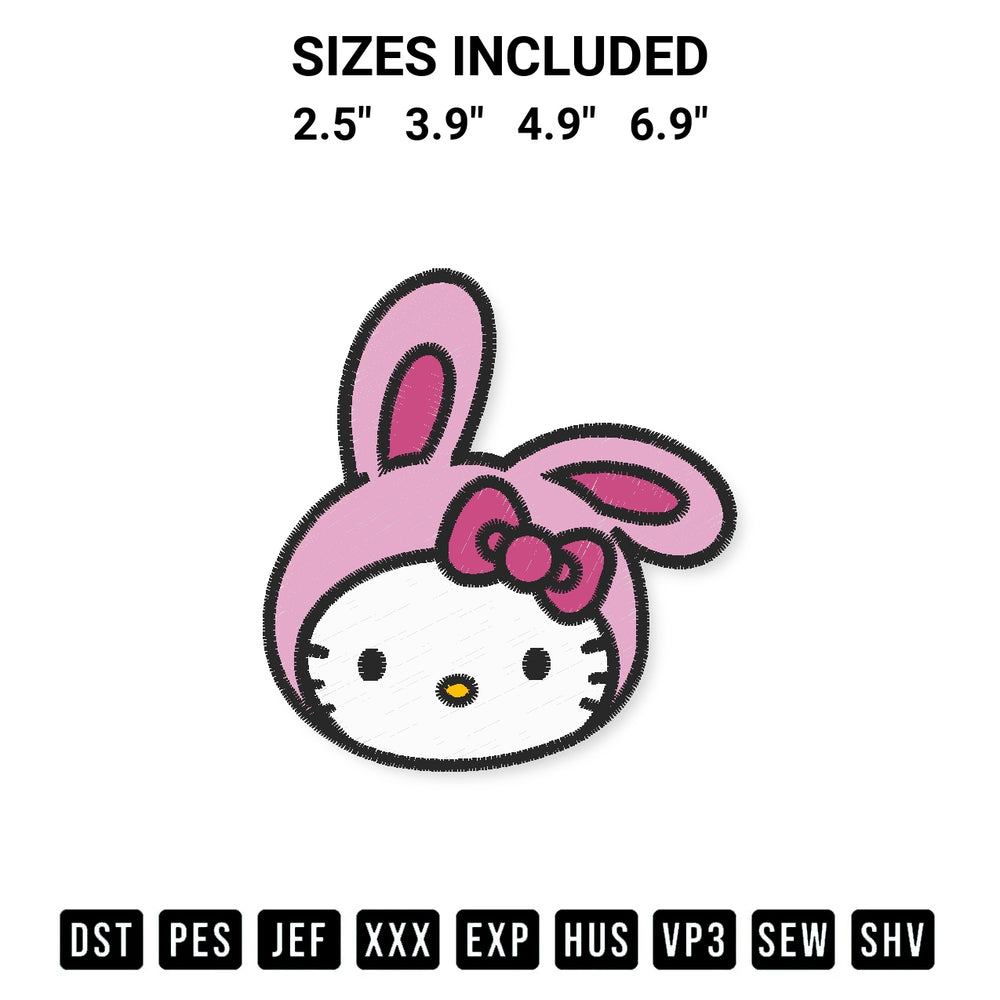 Get the Hello Kitty Bunny Face Easter Embroidery Design embroidery design for your custom crafts! Premium digitized files available for instant download at Designspacks.com. Available sizes: 2.5", 3.9", 4.9", 6.9".
