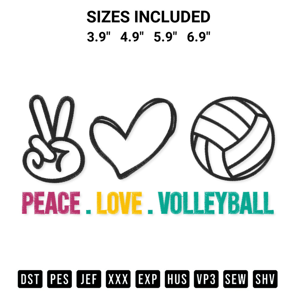 Download the Peace Love Volleyball Embroidery Design machine embroidery design exclusively at Designspacks.com. Premium digitized pattern for apparel and DIY crafts. Available sizes: 3.9", 4.9", 5.9", 6.9".