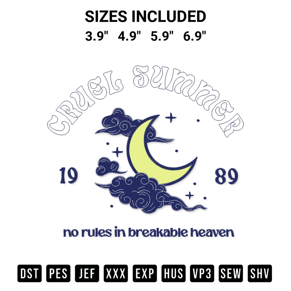 Shop the Taylor Swift Cruel Summer Swiftie Merch Embroidery Design machine embroidery pattern at Designspacks.com. Beautifully digitized for flawless stitching on any fabric. Available sizes: 3.9", 4.9", 5.9", 6.9".