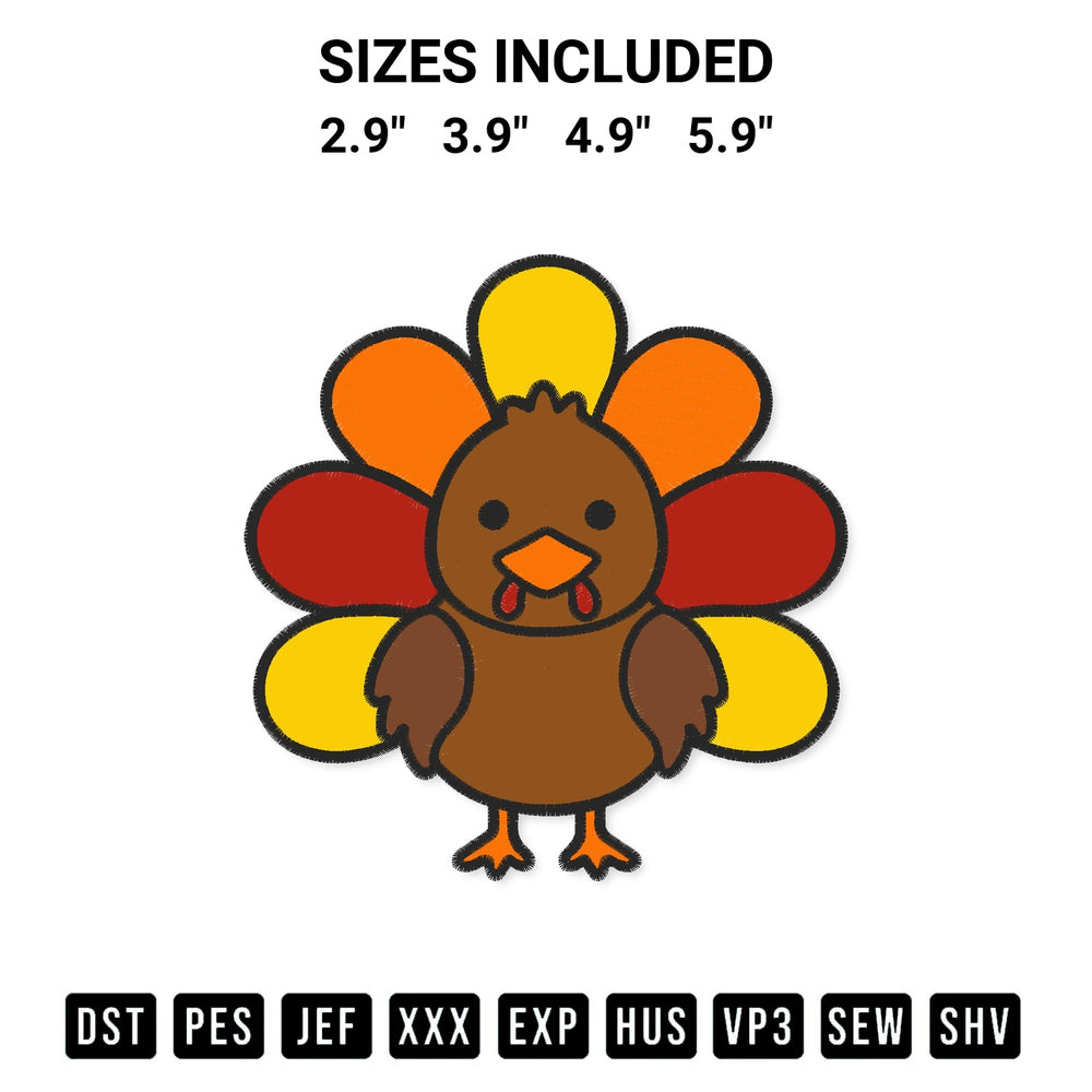 Looking for the perfect pattern? Download the Cute Turkey Embroidery Design embroidery design today at Designspacks.com. Crisp, clean stitching guaranteed. Available sizes: 2.9", 3.9", 4.9", 5.9".