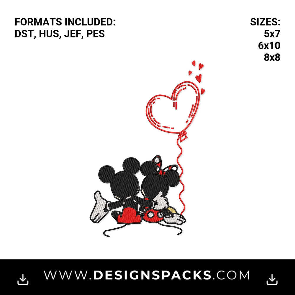 Mickey and Minnie Heart Balloon Embroidery Design - Instant digital download pattern at Designspacks.com