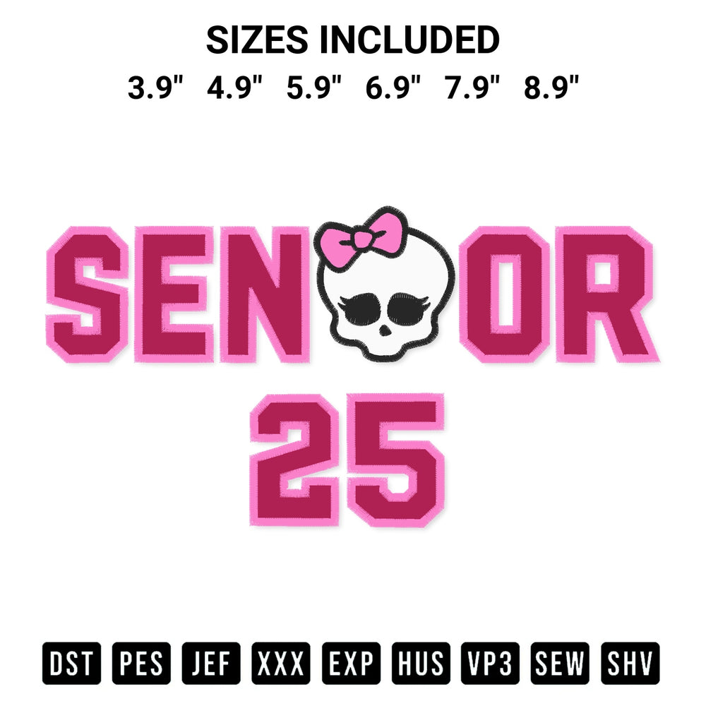 Download the Senior 2025 Monster High Embroidery Design machine embroidery design exclusively at Designspacks.com. Premium digitized pattern for apparel and DIY crafts. Available sizes: 3.9", 4.9", 5.9", 6.9", 7.9", 8.9".
