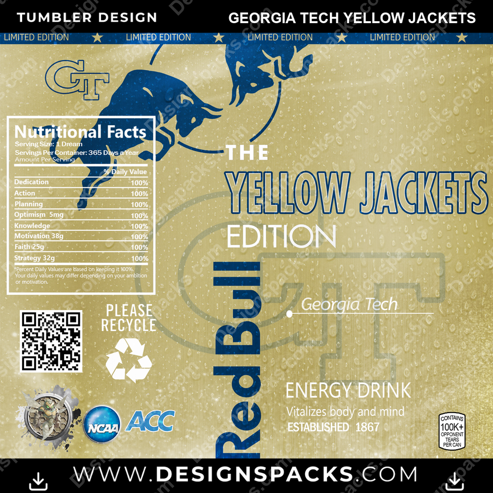 College Sport Red Bull Georgia Tech Yellow Jackets NCAA College Sport Tumbler Digital Wrap Design Download
