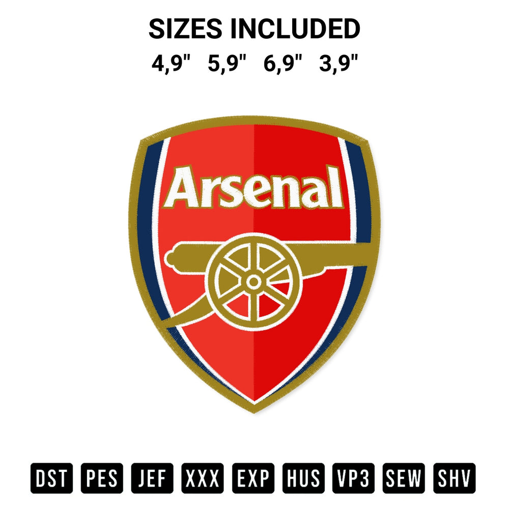 Elevate your next project with our Arsenal Football Club Logo Embroidery Design embroidery file. Shop high-quality digital patterns instantly at Designspacks.com. Available sizes: 4,9", 5,9", 6,9", 3,9".