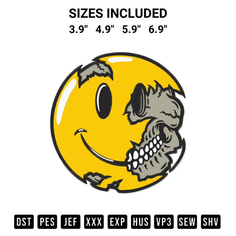 Looking for the perfect pattern? Download the Smiley Face Skull Embroidery Design embroidery design today at Designspacks.com. Crisp, clean stitching guaranteed. Available sizes: 3.9", 4.9", 5.9", 6.9".