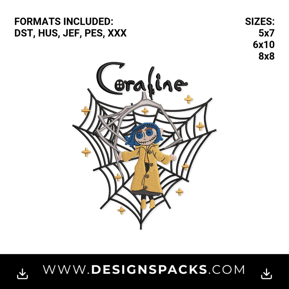 Coraline Doll in Spider Web Pattern Embroidery Design - Instant digital download pattern at Designspacks.com