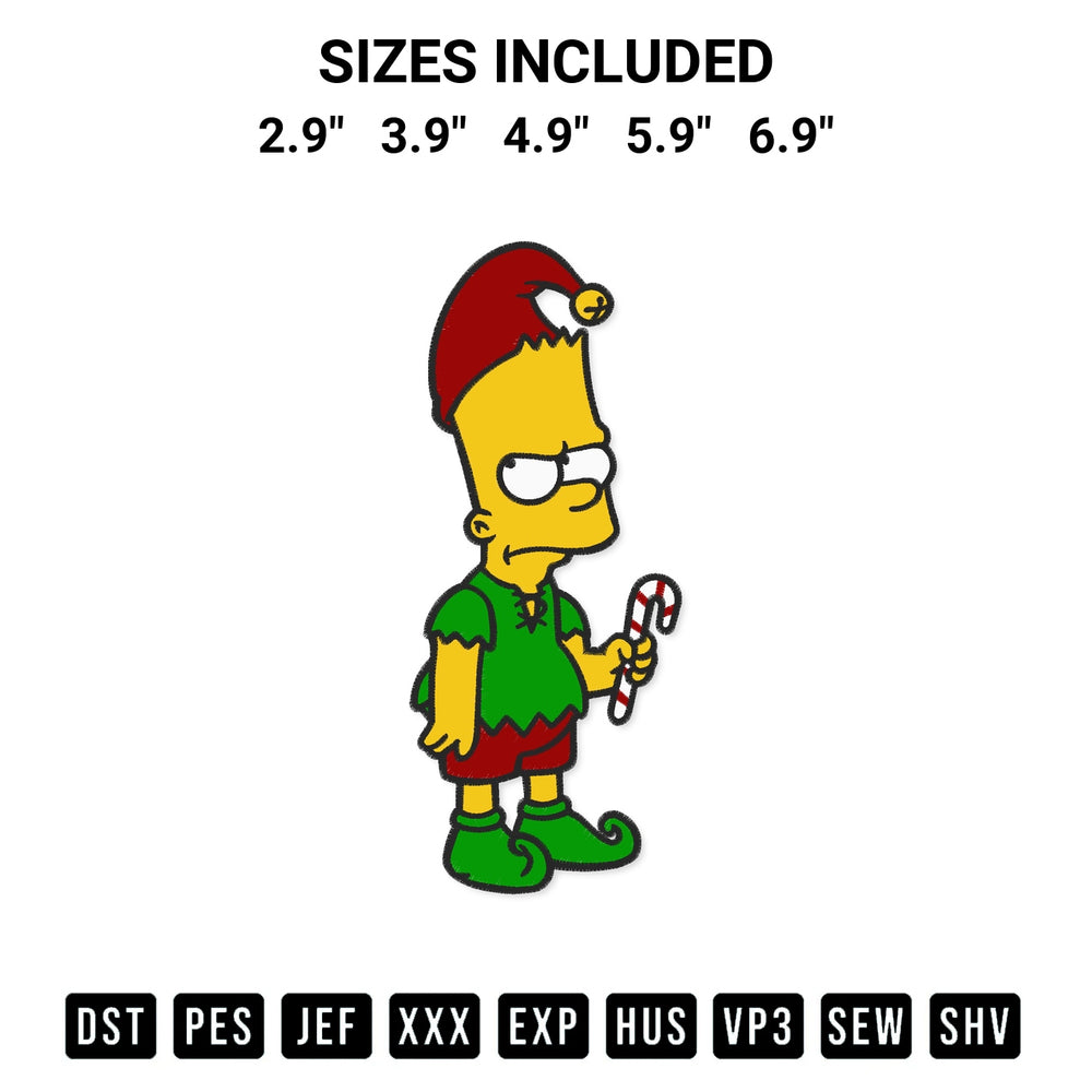 Discover the perfect addition to your crafting collection: Bart Simpson Christmas Elf Embroidery Design embroidery file. Instantly available at Designspacks.com. Available sizes: 2.9", 3.9", 4.9", 5.9", 6.9".