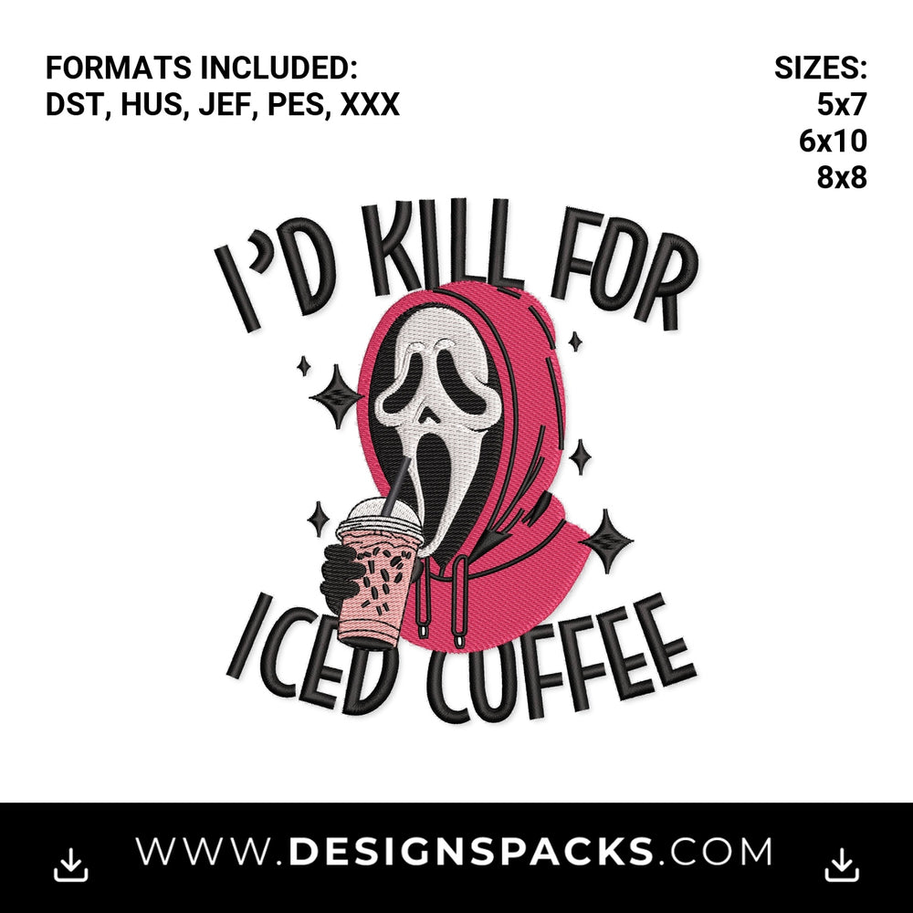 Ghostface I'd Kill For Iced Coffee Embroidery Design - Instant digital download pattern at Designspacks.com