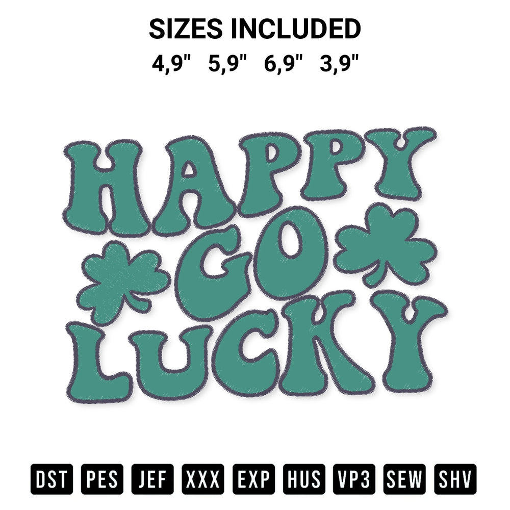 Shop the Happy Go Lucky Logo Embroidery Design machine embroidery pattern at Designspacks.com. Beautifully digitized for flawless stitching on any fabric. Available sizes: 4,9", 5,9", 6,9", 3,9".