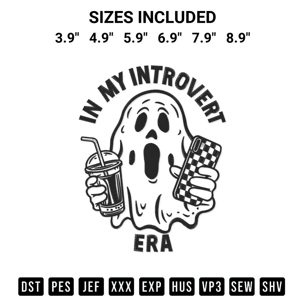 Transform your fabrics with the In My Introvert Era Ghost Halloween Embroidery Design embroidery design. Instant access to premium digitized patterns at Designspacks.com. Available sizes: 3.9", 4.9", 5.9", 6.9", 7.9", 8.9".