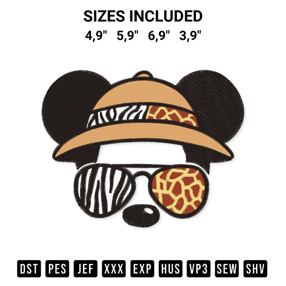 Shop the Mickey Heads Safari Inspired Bandana Hat Ears Aviator Sunglasses Logo Embroidery Design machine embroidery pattern at Designspacks.com. Beautifully digitized for flawless stitching on any fabric. Available sizes: 4,9", 5,9", 6,9", 3,9".