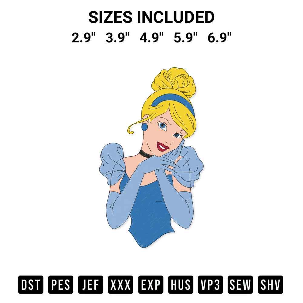 Discover the perfect addition to your crafting collection: Cinderella Princess Embroidery Design embroidery file. Instantly available at Designspacks.com. Available sizes: 2.9", 3.9", 4.9", 5.9", 6.9".