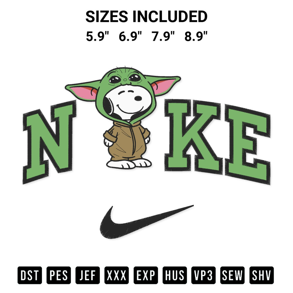 Transform your fabrics with the Snoopy Baby Yoda X Nike Embroidery Design embroidery design. Instant access to premium digitized patterns at Designspacks.com. Available sizes: 5.9", 6.9", 7.9", 8.9".