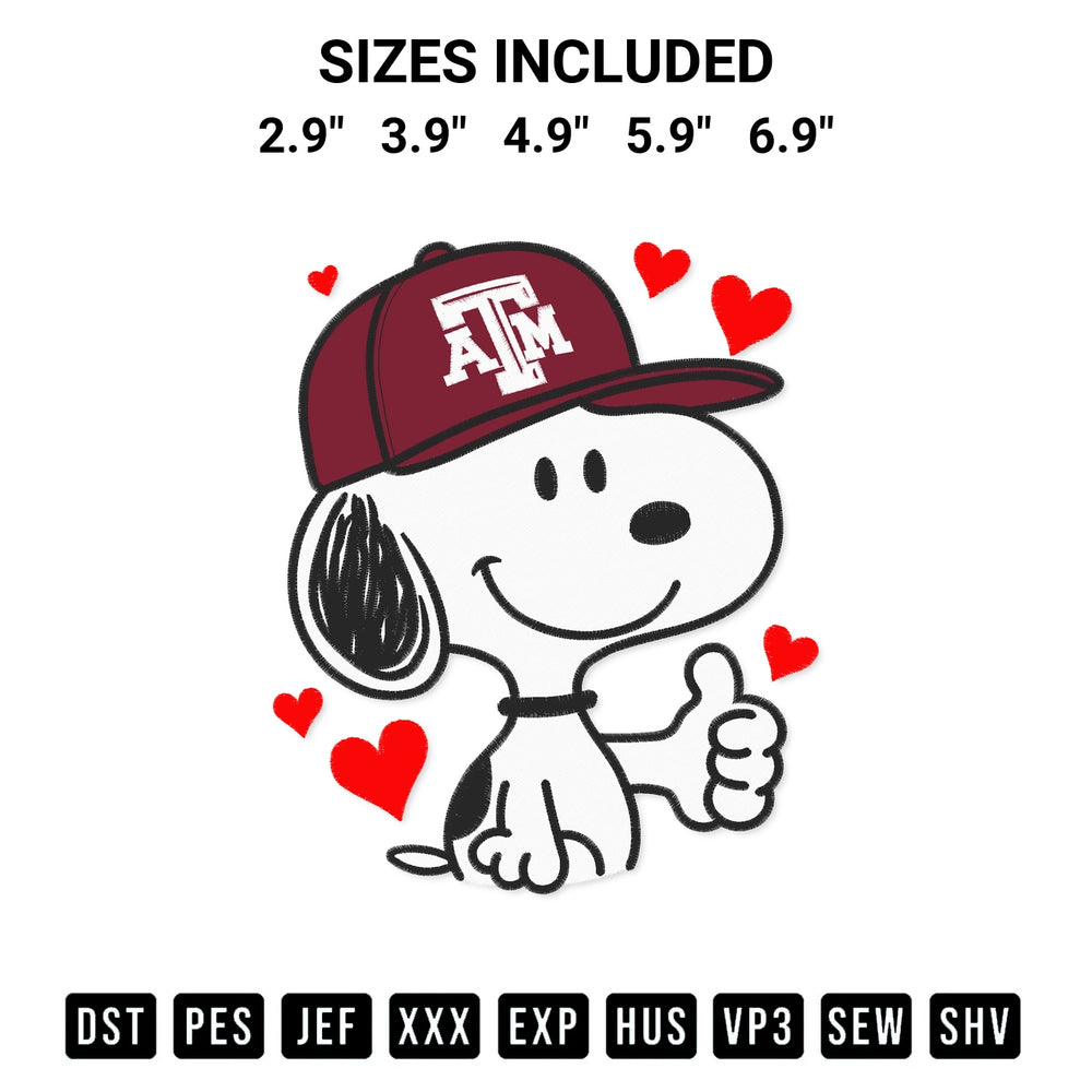 Discover the perfect addition to your crafting collection: Snoopy Texas Am Baseball Embroidery Design embroidery file. Instantly available at Designspacks.com. Available sizes: 2.9", 3.9", 4.9", 5.9", 6.9".
