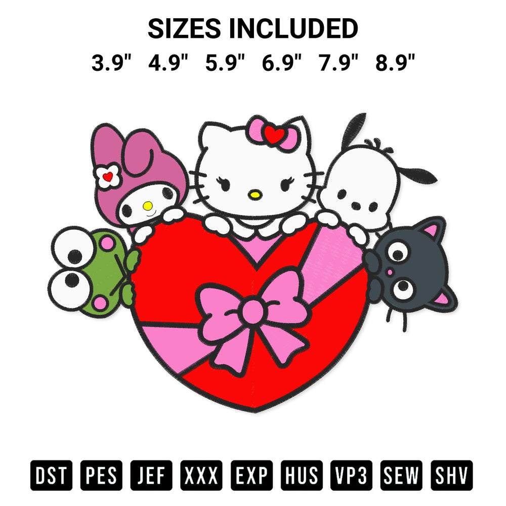 Stitch like a pro with the Hello Kitty Friends Valentine Embroidery Design embroidery pattern from Designspacks.com. High-quality digital machine embroidery file. Available sizes: 3.9", 4.9", 5.9", 6.9", 7.9", 8.9".