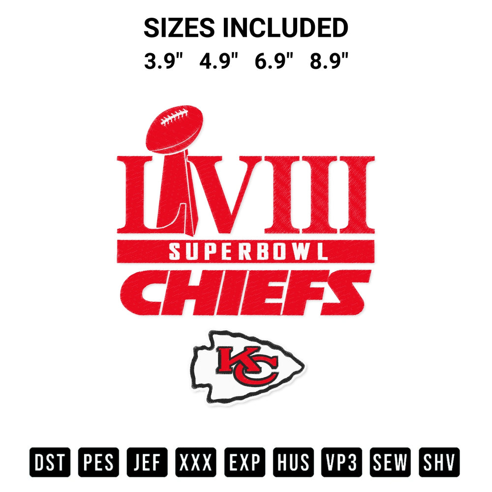 Add a unique touch to your apparel with the Super Bowl Lviii Chiefs 2024 Embroidery Design embroidery file. Premium instant download available now on Designspacks.com. Available sizes: 3.9", 4.9", 6.9", 8.9".