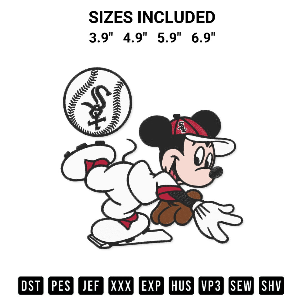Discover the perfect addition to your crafting collection: Baseball Chicago White Sox Mickey Mouse Embroidery Design embroidery file. Instantly available at Designspacks.com. Available sizes: 3.9", 4.9", 5.9", 6.9".