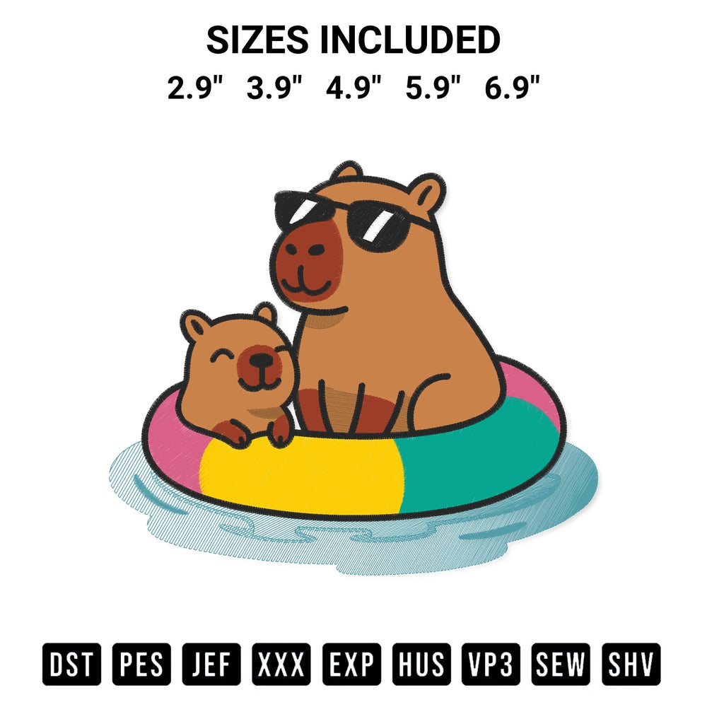 Download the Capybara Family Relaxing On A Pool Float Embroidery Design machine embroidery design exclusively at Designspacks.com. Premium digitized pattern for apparel and DIY crafts. Available sizes: 2.9", 3.9", 4.9", 5.9", 6.9".