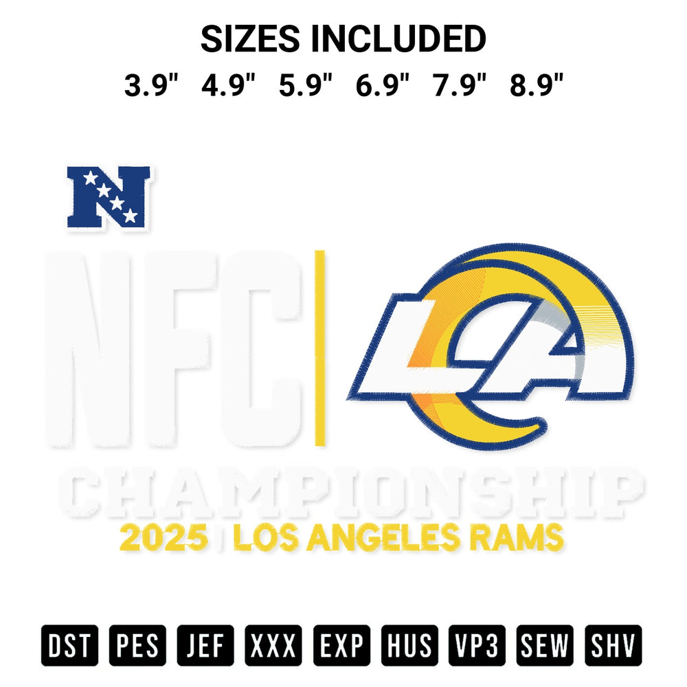 Discover the perfect addition to your crafting collection: Los Angeles Rams 2025 Nfc Championship Embroidery Design embroidery file. Instantly available at Designspacks.com. Available sizes: 3.9", 4.9", 5.9", 6.9", 7.9", 8.9".
