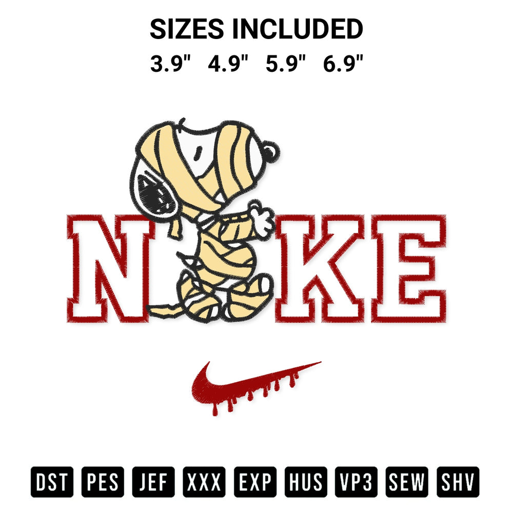 Get the Nike Snoopy Mummy Halloween Embroidery Design embroidery design for your custom crafts! Premium digitized files available for instant download at Designspacks.com. Available sizes: 3.9", 4.9", 5.9", 6.9".