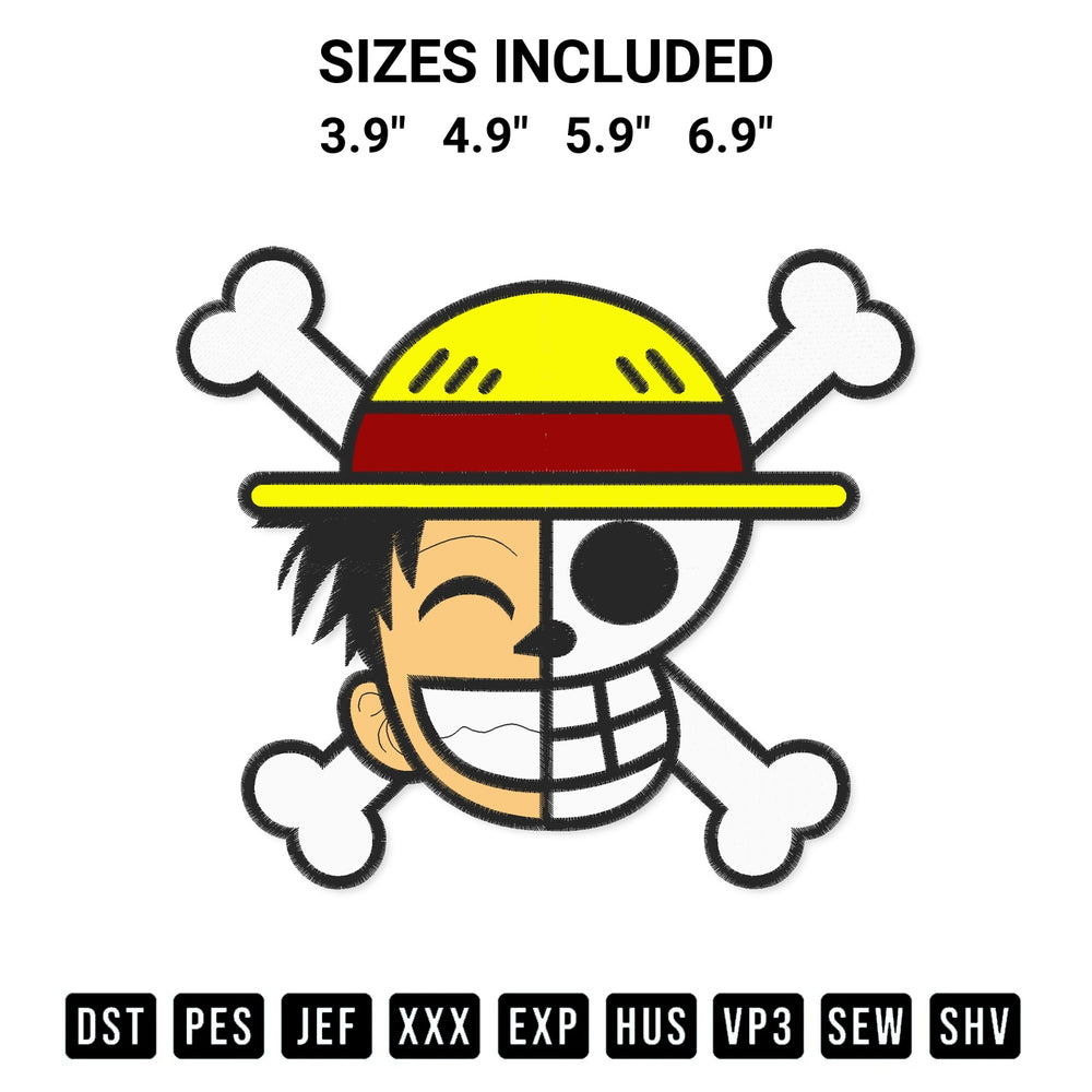 Shop the Straw Hat Pirates Luffy Embroidery Design machine embroidery pattern at Designspacks.com. Beautifully digitized for flawless stitching on any fabric. Available sizes: 3.9", 4.9", 5.9", 6.9".