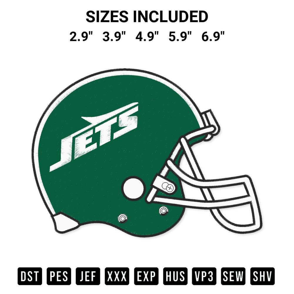 Add a unique touch to your apparel with the New York Jets Helmet Embroidery Design embroidery file. Premium instant download available now on Designspacks.com. Available sizes: 2.9", 3.9", 4.9", 5.9", 6.9".