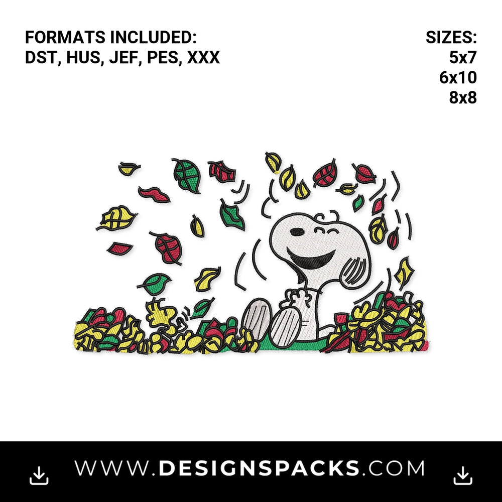 Snoopy Playing in Autumn Leaves Embroidery Design - Instant digital download pattern at Designspacks.com