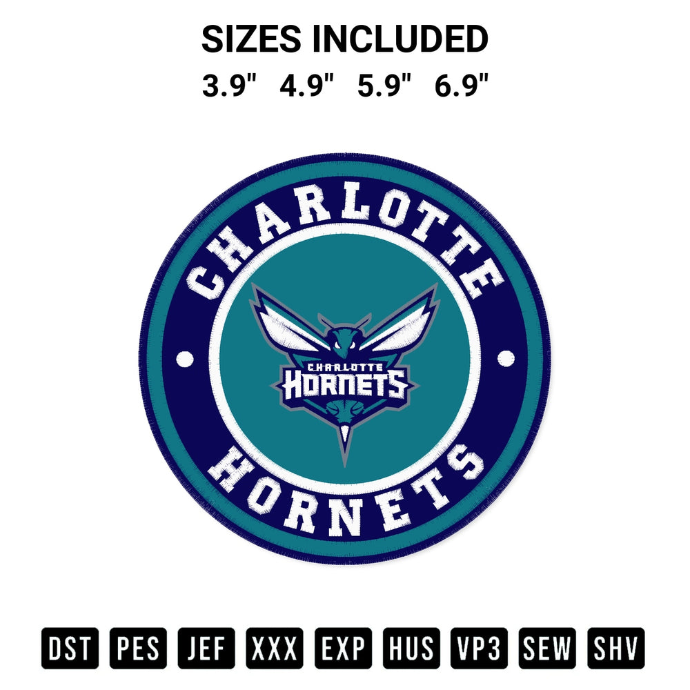 Add a unique touch to your apparel with the Charlotte Hornets Circle Logo Embroidery Design embroidery file. Premium instant download available now on Designspacks.com. Available sizes: 3.9", 4.9", 5.9", 6.9".