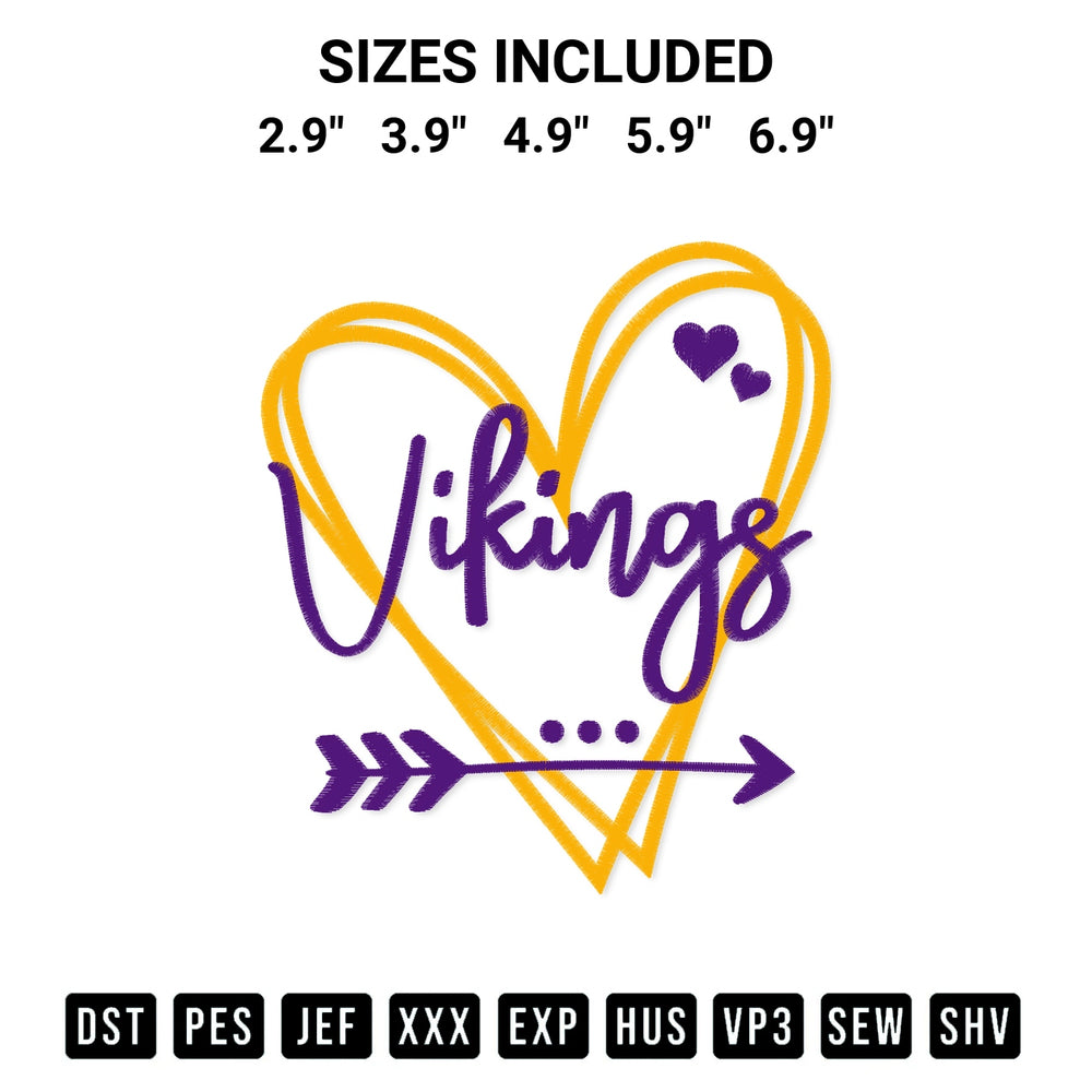 Download the Minnesota Vikings Heart Embroidery Design machine embroidery design exclusively at Designspacks.com. Premium digitized pattern for apparel and DIY crafts. Available sizes: 2.9", 3.9", 4.9", 5.9", 6.9".