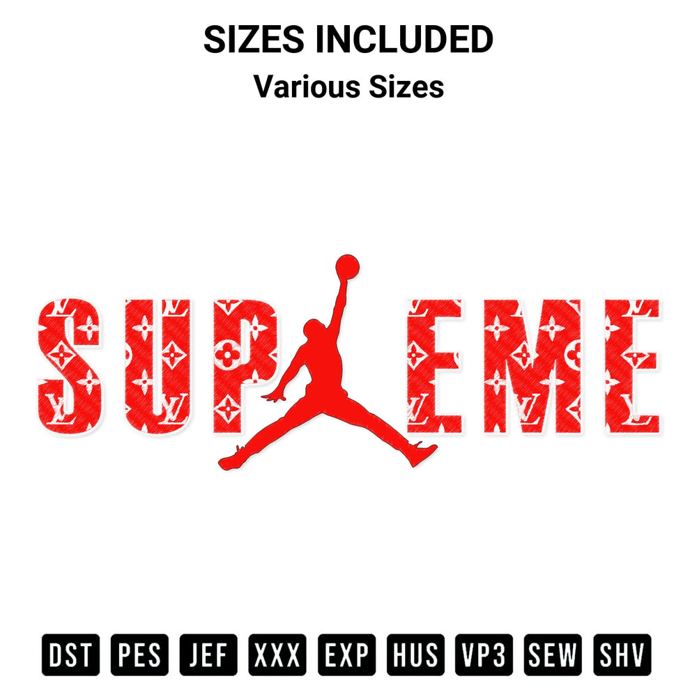 Get the Supreme Jordan Lv Embroidery Design embroidery design for your custom crafts! Premium digitized files available for instant download at Designspacks.com. Available sizes: Various Sizes.