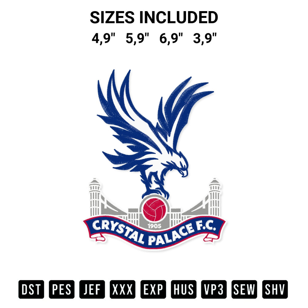 Looking for the perfect pattern? Download the Crystal Palace Football Club Logo Embroidery Design embroidery design today at Designspacks.com. Crisp, clean stitching guaranteed. Available sizes: 4,9", 5,9", 6,9", 3,9".