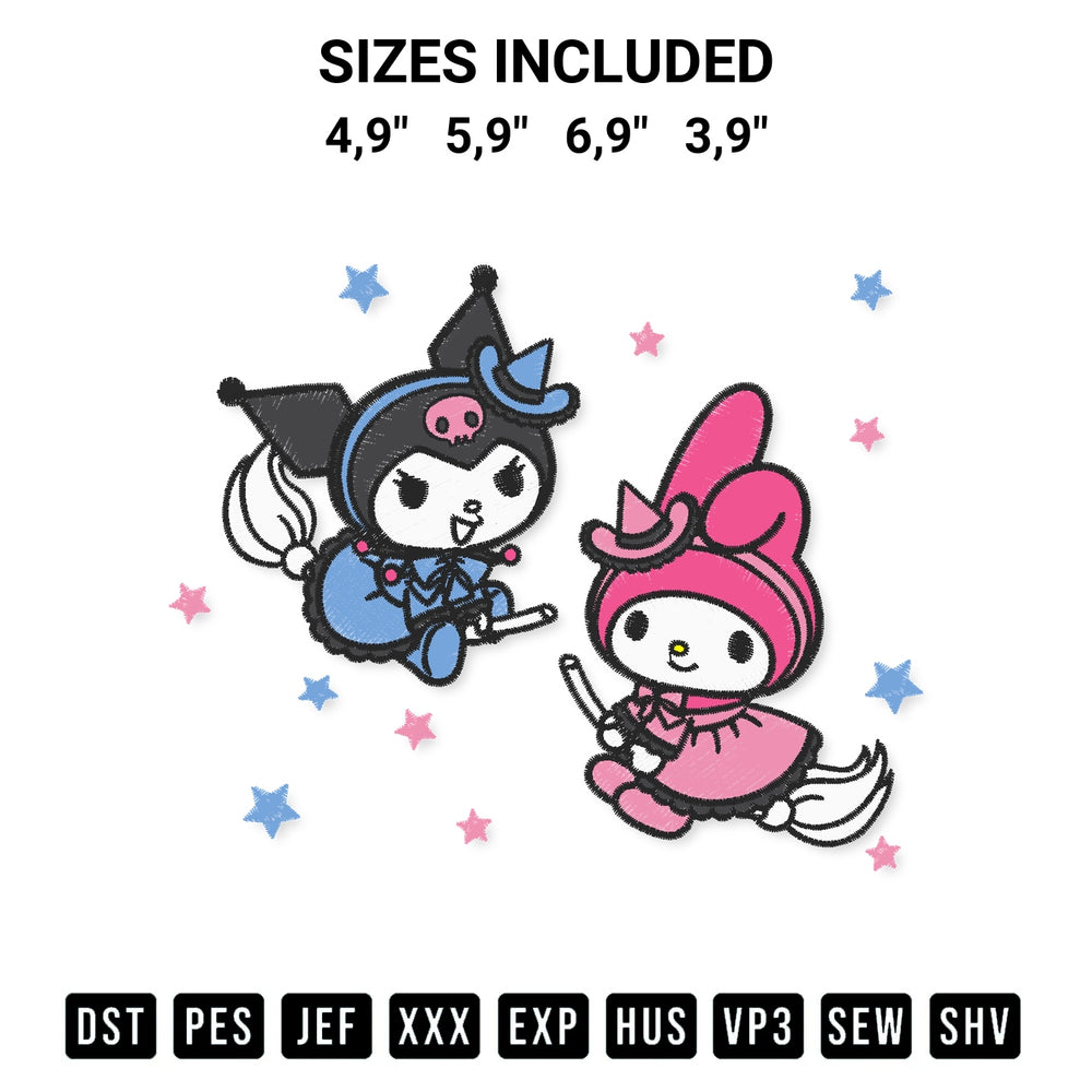 Discover the perfect addition to your crafting collection: My Melody Kuromi Hello Kitty Embroidery Design embroidery file. Instantly available at Designspacks.com. Available sizes: 4,9", 5,9", 6,9", 3,9".
