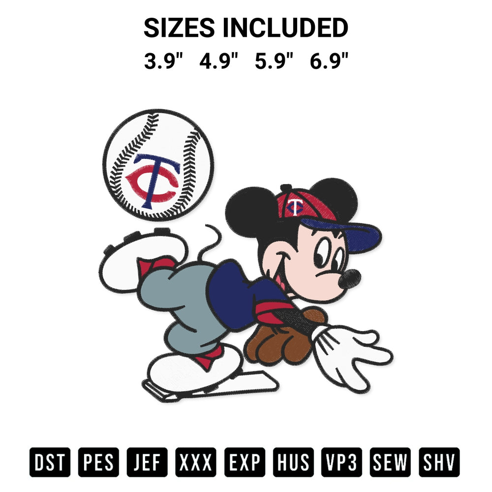 Stitch like a pro with the Baseball Minnesota Twins Mickey Mouse Embroidery Design embroidery pattern from Designspacks.com. High-quality digital machine embroidery file. Available sizes: 3.9", 4.9", 5.9", 6.9".