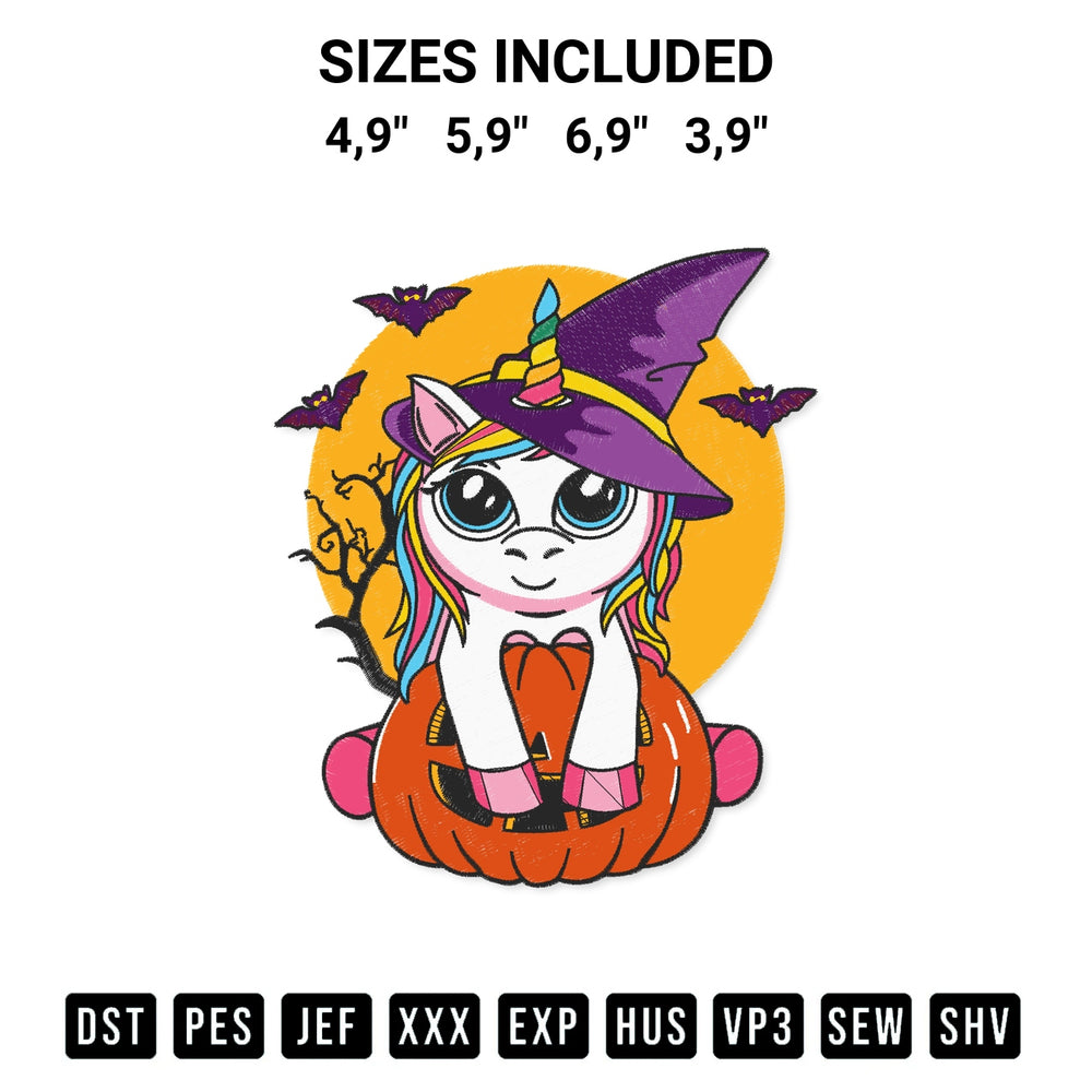 Add a unique touch to your apparel with the Unicorn Witch Hugs Pumpkin Halloween Moon Witchy Unicorn Halloween Logo Embroidery Design embroidery file. Premium instant download available now on Designspacks.com. Available sizes: 4,9", 5,9", 6,9", 3,9".