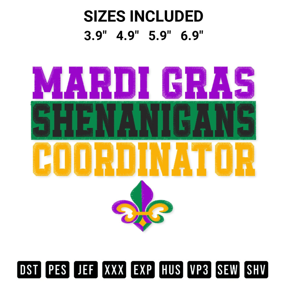 Elevate your next project with our Mardi Gras Shenanigans Coordinator Embroidery Design embroidery file. Shop high-quality digital patterns instantly at Designspacks.com. Available sizes: 3.9", 4.9", 5.9", 6.9".