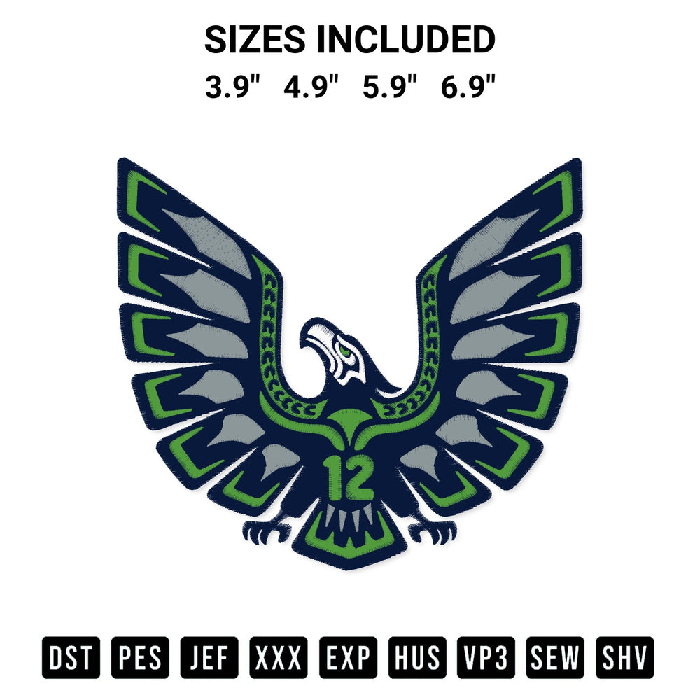 Create amazing crafts with the Seattle Seahawks Eagle 12 Embroidery Design embroidery file. High-quality digital download from Designspacks.com, perfect for beginners and pros. Available sizes: 3.9", 4.9", 5.9", 6.9".