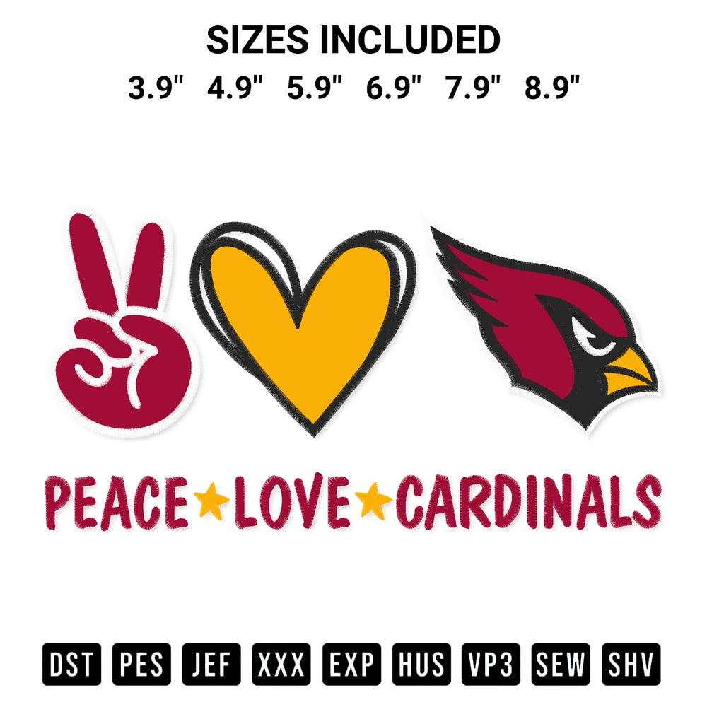 Download the Peace Love Arizona Cardinals Embroidery Design machine embroidery design exclusively at Designspacks.com. Premium digitized pattern for apparel and DIY crafts. Available sizes: 3.9", 4.9", 5.9", 6.9", 7.9", 8.9".