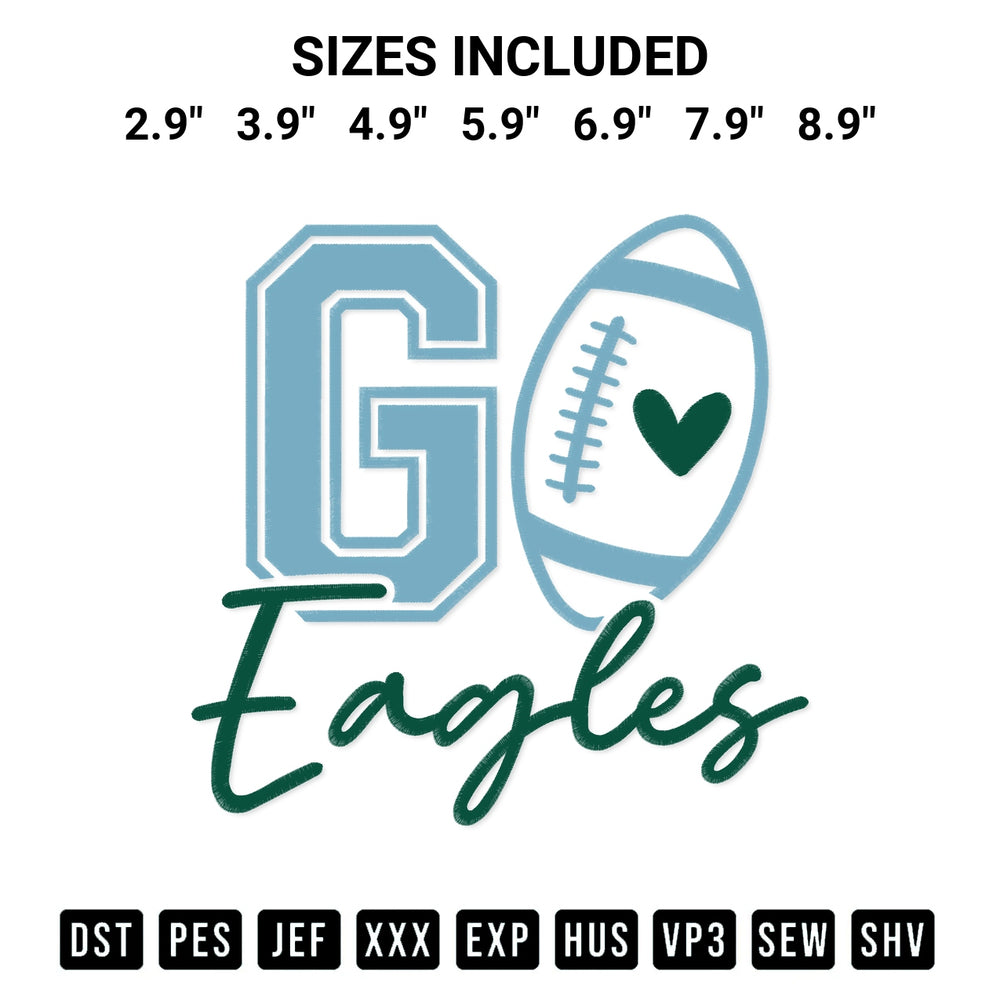 Get the Go Eagles Football Embroidery Design embroidery design for your custom crafts! Premium digitized files available for instant download at Designspacks.com. Available sizes: 2.9", 3.9", 4.9", 5.9", 6.9", 7.9", 8.9".