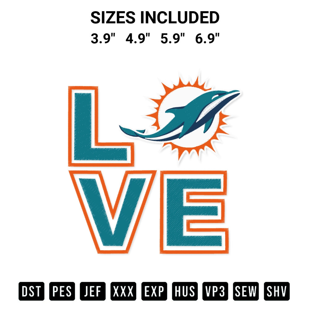 Download the Love Miami Dolphins Embroidery Design machine embroidery design exclusively at Designspacks.com. Premium digitized pattern for apparel and DIY crafts. Available sizes: 3.9", 4.9", 5.9", 6.9".